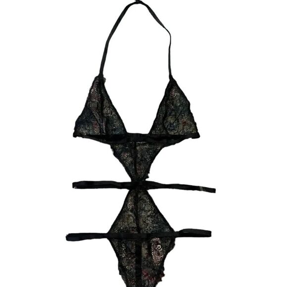 NWT Victoria's Secret Women's Chantilly Lace Cutout Plunge Teddy Black Sz M/M - Picture 3 of 4